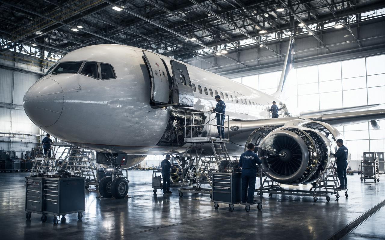 Techniciens entretenant un aéronef dans un hangar MRO